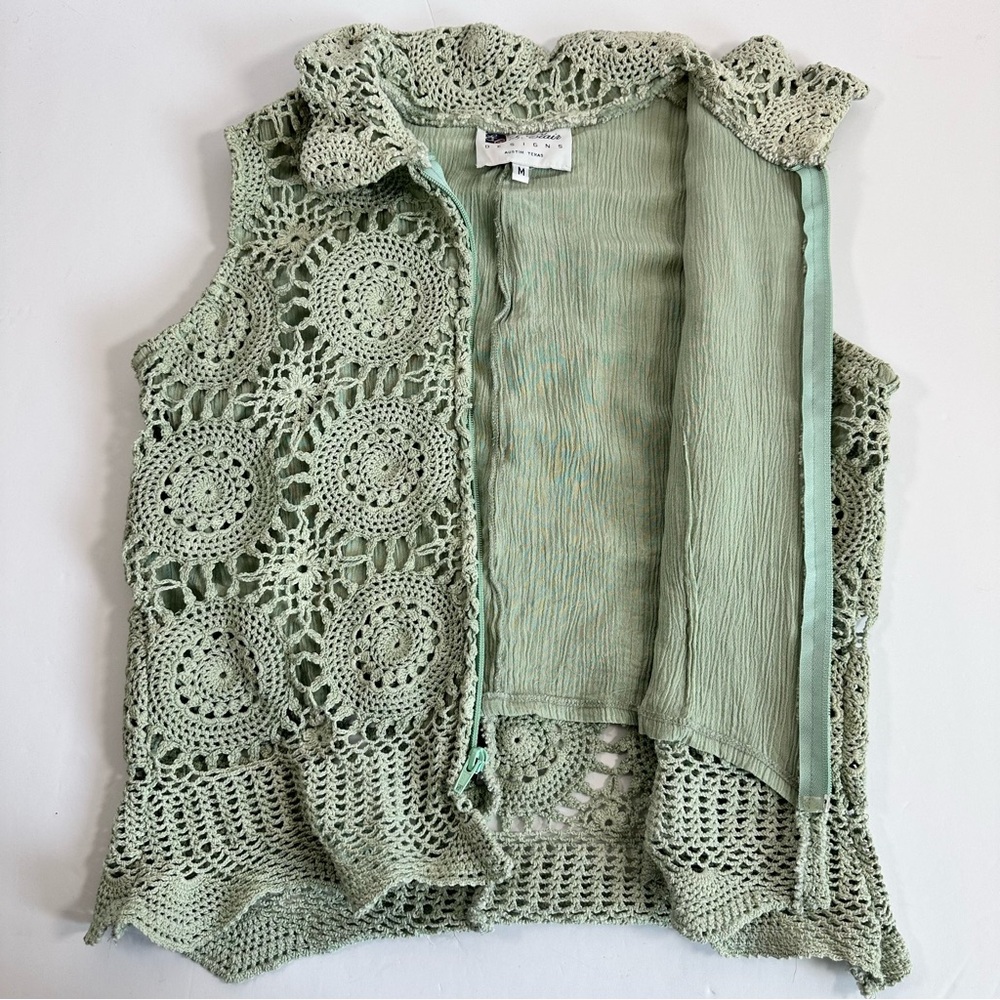 Vintage E Clair Designs Green Crochet Vest Zip Front M USA Made Boho Cottagecore - Picture 5 of 6